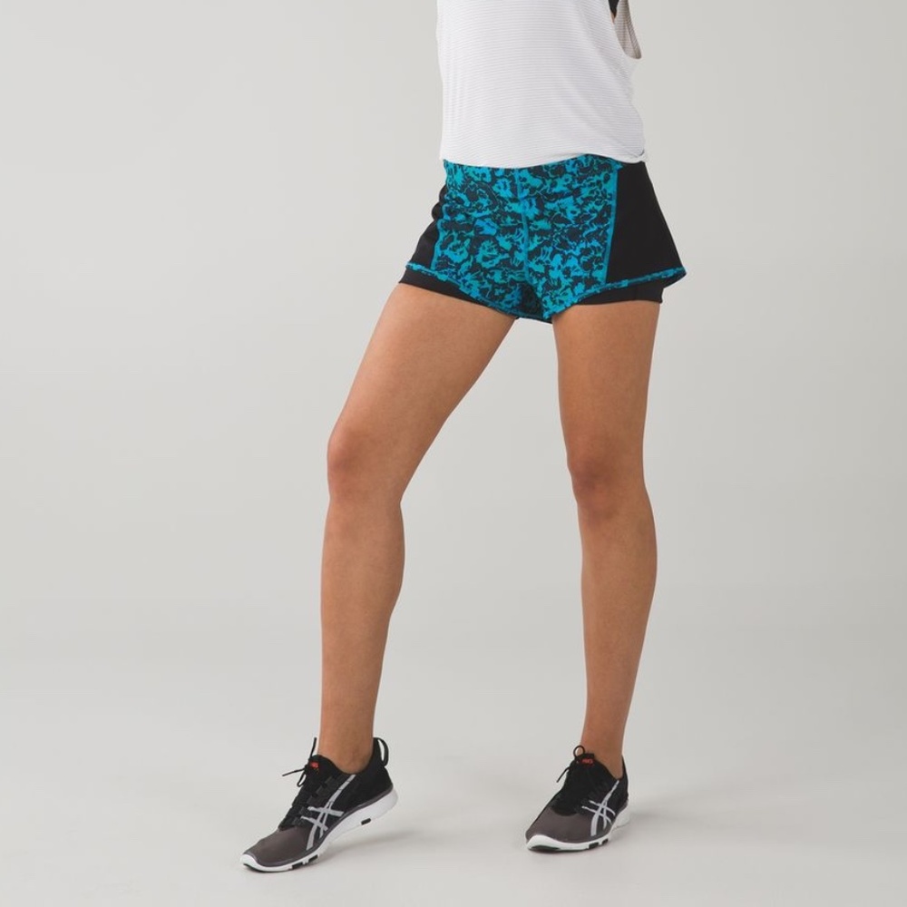 Lululemon Adorable Teal Blue Floral Meshed Up Shorts w/ Slip Proof Lining